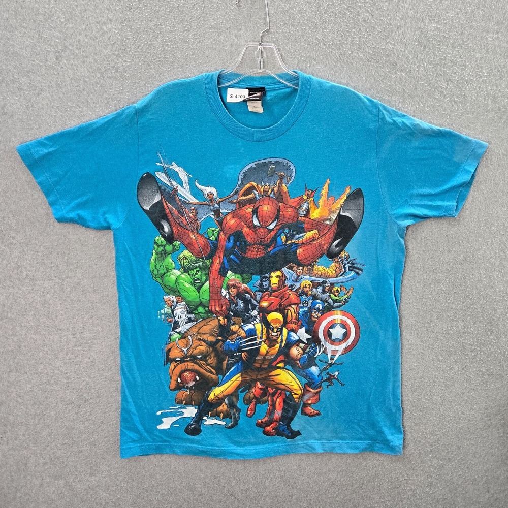 VINTAGE Marvel x Mad Engine Men Shirt Large Blue Superheroes Graphic Y2K READ